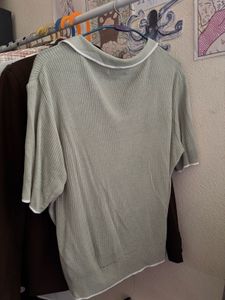 Sage Green Ribbed Polo Collar Top