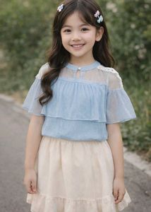 Chic Blue Ruffle Top with Lace Detail