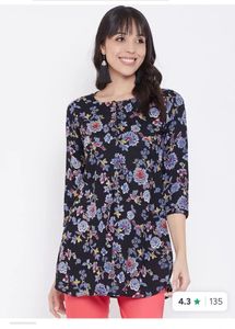 Navy Blue Floral Print short Kurtha/Tunic