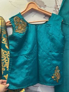 Teal &amp; Gold Brocade Lehenga Choli Set