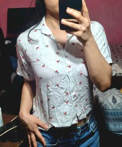 Cute Cherry Print Button-Up Top