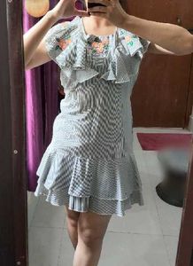 Striped Ruffled Dress with Floral Embroidery