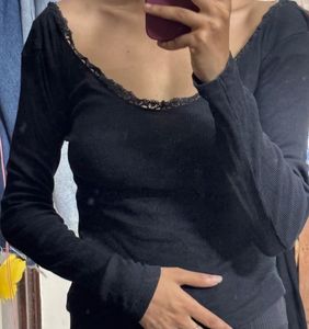Black Ribbed Lace Trim Long Sleeve Top