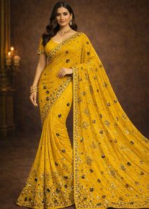 🇳🇿💫🎀Y2K Elegant Yellow Embellished Saree