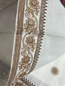 Brown Floral Bordered White Saree