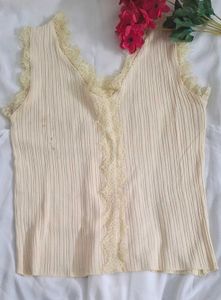 Cream Lace Trim Ribbed Tank Top