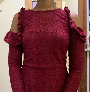 ONLY Burgundy Lace Cold Shoulder Dress