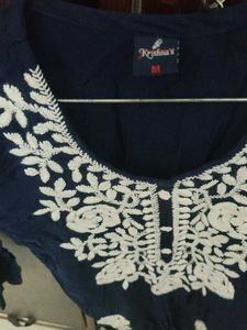 Elegant Navy Blue Kurta Set with White Embroidery