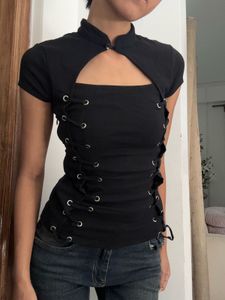 Edgy Black Cutout Lace-Up Top
