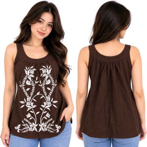 Brown Embroidered Sleeveless Top