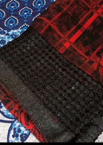 Red &amp; Black Plaid Saree with Embellished Border