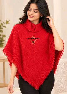 Red Knit Poncho with Tassel Fringe