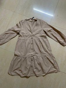 Nude Tiered Button-Up Midi Dress