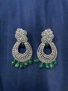 Elegant White Stone & Emerald Dangle Earrings