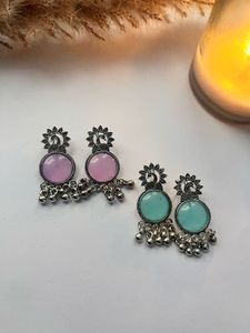 Peacock Design Earrings - Pink &amp; Teal