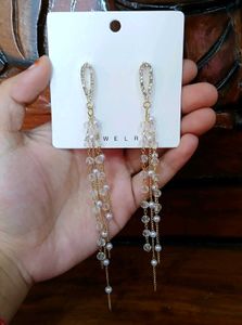 Korean White Dangling Pearl Tassel Crystal Earring