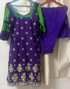 Purple &amp; Green Embroidered Kurta Set