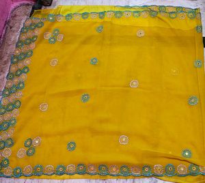 Yellow Embroidered Chiffon Saree with blouse