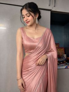 Elegant Pink Satin Saree with padded blouse