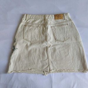 Cream Denim Skirt with Blue Floral Applique