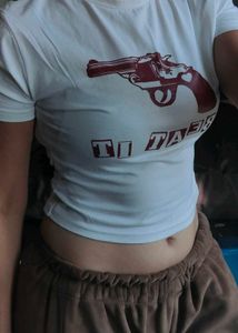 White Crop Top with Gun Graphic