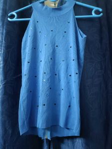 Blue Embellished Sleeveless  knitted Top