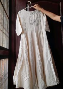 Elegant Cream Anarkali Dress with Leaf Print