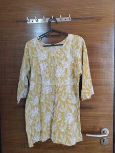 Mustard Floral Short Kurti with lace detail