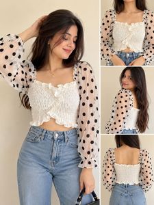 White Polka Dot Sheer Sleeve Top