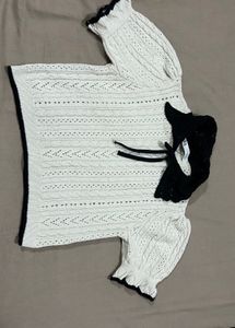 ZARA White Textured Knit Top with Black Trim