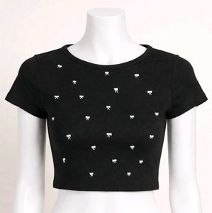 Black Crop Top with White Bows