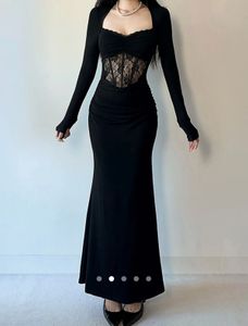 Elegant Black Lace Corset Maxi Dress