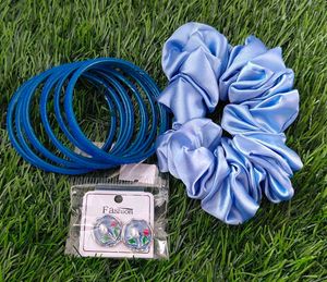Blue Bangles, Scrunchie & Stud Earrings Set