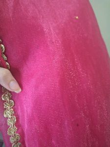 Pink Net Dupatta with Gold Border
