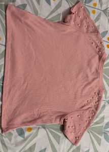 Pink Ribbed Pearl Embellished Top