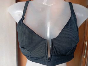 Black Ribbed V-Neck Bra with Bow Back