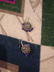 Oxidized Silver Jhumka Earrings with Blue Beads