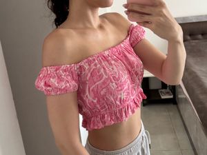 HWW crop top, summer print, pink, S size