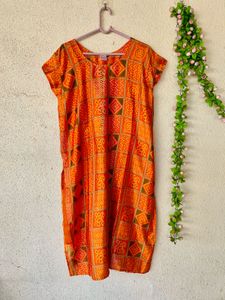 Orange Printed Kurta Dress