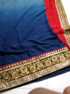 Red &amp; Blue Saree with Golden Border