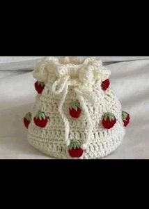Crochet strawberry drawstring pouch