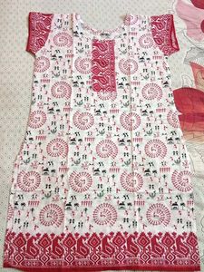 White Kurta with Red Ethnic Print