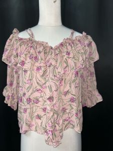 Pink Floral Cold Shoulder Ruffle Top