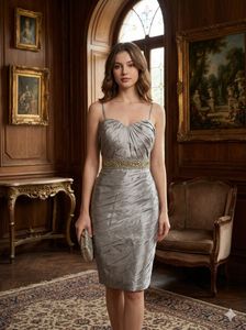 Elegant Silver Ruched beaded Cocktail Dress