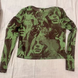 Green Graphic Mesh Long Sleeve Top