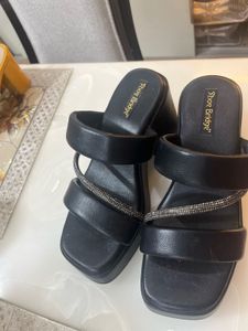 Black Platform Block Heels with Rhinestone Straps
