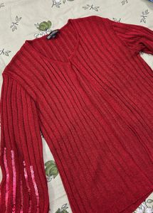 Red Ribbed Knit Long Sleeve Top