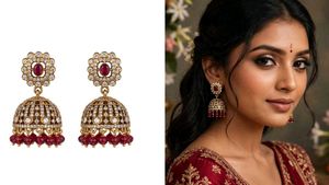 Elegant Gold-Tone &amp; Ruby Jhumka Earrings