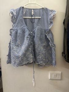 Zara Blue Striped Cotton Embroidered Top