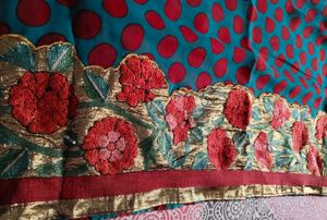 Beautiful Teal Saree with Red Polka Dots